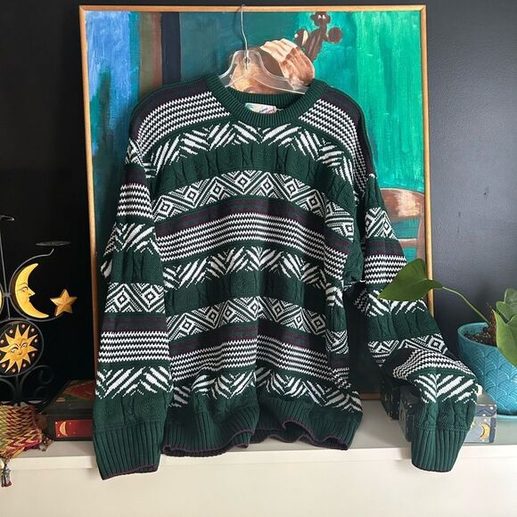 Vintage Men's Geometric Pattern Crewneck Sweater - Green and White - L - Picture 2 of 16